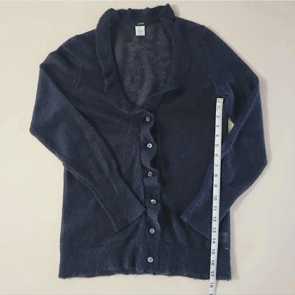 J. Crew Women's Navy Ruffle V-neck Mohair Long Sleeve Cardigan Sweater